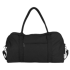 A black duffel bag with dual handles and a detachable shoulder strap. It features a front zipper pocket for small items. The bag has a sleek, simple design suitable for travel or sports activities.