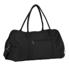 A black duffel bag with two long handles and an adjustable shoulder strap. The bag features a front zippered pocket and a main compartment with a zipper closure. It is set against a plain white background.