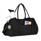 A black sports bag with several pockets containing a white water bottle, a roll of tape, a pack of Inspire chewing gum, and some cards. The bag has two shoulder straps and an adjustable side strap.