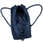 Open blue gym duffel bag with two handles lying flat, showing its empty interior.