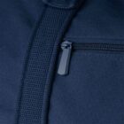 Close-up of a navy blue zipper on a fabric bag. The zipper is partially closed, with textured material around it. The fabric appears to be sturdy, possibly canvas or similar, with a strap visible near the top of the image.