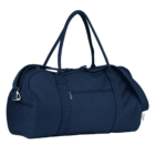 A navy blue duffel bag with two long handles, a zippered front pocket, and silver zipper details. The bag is standing upright, showing its rounded shape and spacious design suitable for travel or gym use.