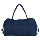 A navy blue duffel bag with two handles and a shoulder strap. It has a zippered front pocket and sturdy fabric construction, suitable for travel or gym use.