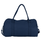 A navy blue duffel bag with two long handles and a detachable shoulder strap. The bags body is cylindrical, made of fabric, and has a zipper closure running along the top.
