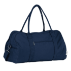 A navy blue duffel bag with dual handles and a removable shoulder strap. It has a front zippered pocket and contrasting stitching. The bag is shown on a solid white background.