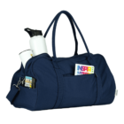 A blue gym bag with handles and a shoulder strap. It has water bottles, a book titled Inspire, and cards visible in its external pockets. The bag is made of fabric and is standing upright.