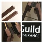 A collage of four images showing close-ups of wooden easel components with dark brown wood and black hinges. The lower right image features the word Guild Insurance in white text against a black background.