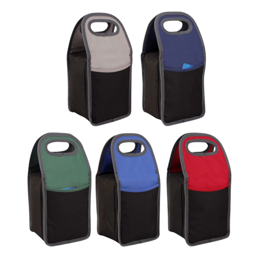 Decorated Lunch Bags; insulated, pocket & handle; gray, blue, red, green, black.