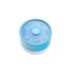 A blue and white kitchen timer with a round shape, featuring a dial marked with numbers in increments of five from 0 to 55. The timer includes images of various seafood like fish and shrimp on the outer edge.