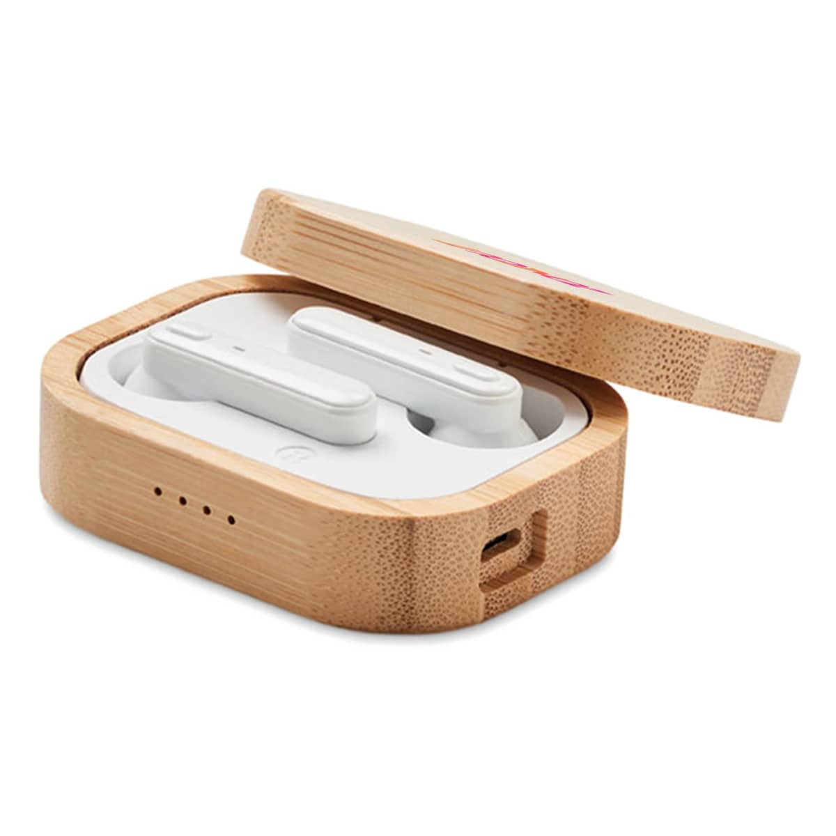 A set of white wireless earbuds in a partially open bamboo charging case. The case has a natural wood finish and a compact, rectangular shape.