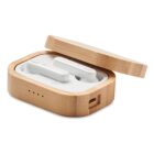 A pair of white wireless earbuds inside an open bamboo charging case. The case is rectangular with a natural wood texture.