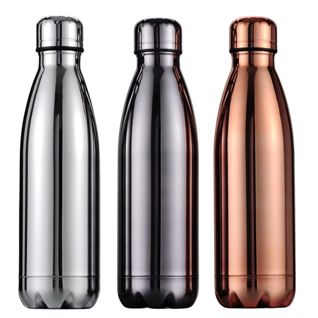 Three Estevan 500mL Bottles: silver, black, and copper, standing in a row.