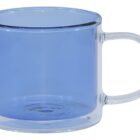 A transparent blue glass mug with a clear handle on a white background.