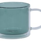 Transparent glass mug with a teal tint and a clear handle on a white background.