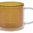 A transparent glass mug with an amber-colored inner layer and a clear handle.