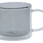 Clear glass mug with a handle, empty and placed on a white background.