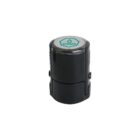 A black cylindrical self-inking stamp with a white top featuring a green abstract logo in the center. The stamp is seen upright against a plain white background.