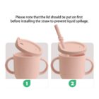 Two images of a pink sippy cup with handles, featuring assembly instructions. The first image shows the lid above the cup; the second illustrates the lid attached with a straw inserted. Text above advises securing the lid before inserting the straw.