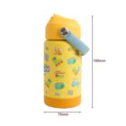 A yellow childrens water bottle with colorful cartoon designs of animals and toys. It has a blue handle and a yellow lid. The bottles dimensions are displayed: 180mm in height and 76mm in width.