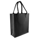 A black, reusable tote bag with two sturdy handles. The bag has a boxy shape and appears to be made of a fabric material. The handles are attached with reinforced stitching. The background is plain white.