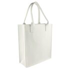 A plain, white reusable tote bag with two sturdy handles. The bag is standing upright and is made from fabric, with a minimalist design, ideal for carrying groceries or everyday items.