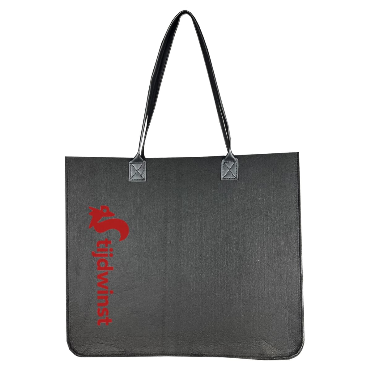A black tote bag with two handles, featuring a red logo of a stylized lizard and the word tijdwinst vertically printed on the side.