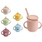 Colorful sippy cups with handles and drinking straws are arranged in a group. The largest pink cup is prominent, while smaller cups in various colors like yellow, green, blue, and beige are scattered on the side. Each cup has a brand logo.