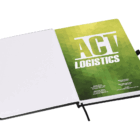 Open notebook with a blank left page and a right page featuring a green geometric design with the text ACI Logistics and contact information.