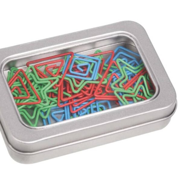 A metal tin container with a clear lid holding a variety of colorful triangular paper clips. The paper clips are in red, blue, and green, and are neatly arranged inside the box.
