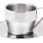 A sleek, stainless steel coffee cup with a matching saucer. The cup has a minimalist design with a smooth handle and polished finish.