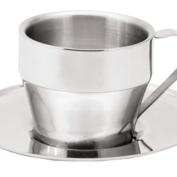 A sleek, stainless steel coffee cup with a matching saucer. The cup has a minimalist design with a smooth handle and polished finish.