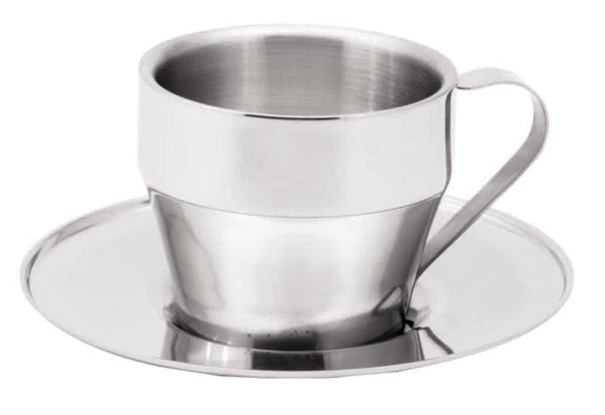 A stainless steel coffee cup with a matching saucer, featuring a sleek, minimalist design and a shiny metallic finish.