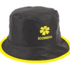 Black bucket hat with yellow trim and a yellow ECOMEDIA logo with a four-leaf clover.