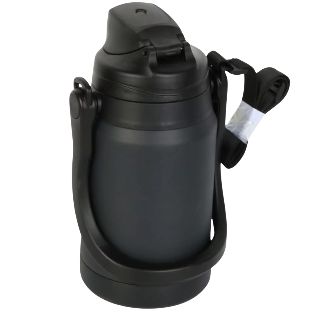 Gambier 1500mL black vacuum flask with handle and strap.