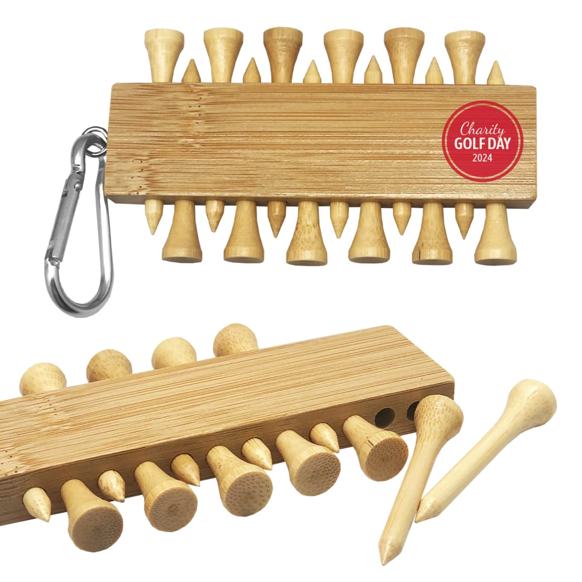 gf006_1.jpg A wooden keychain with a carabiner, featuring 12 golf tees inserted into holes. A red circular label reads Charity Golf Day 2024. Two tees are shown separately beside the keychain.