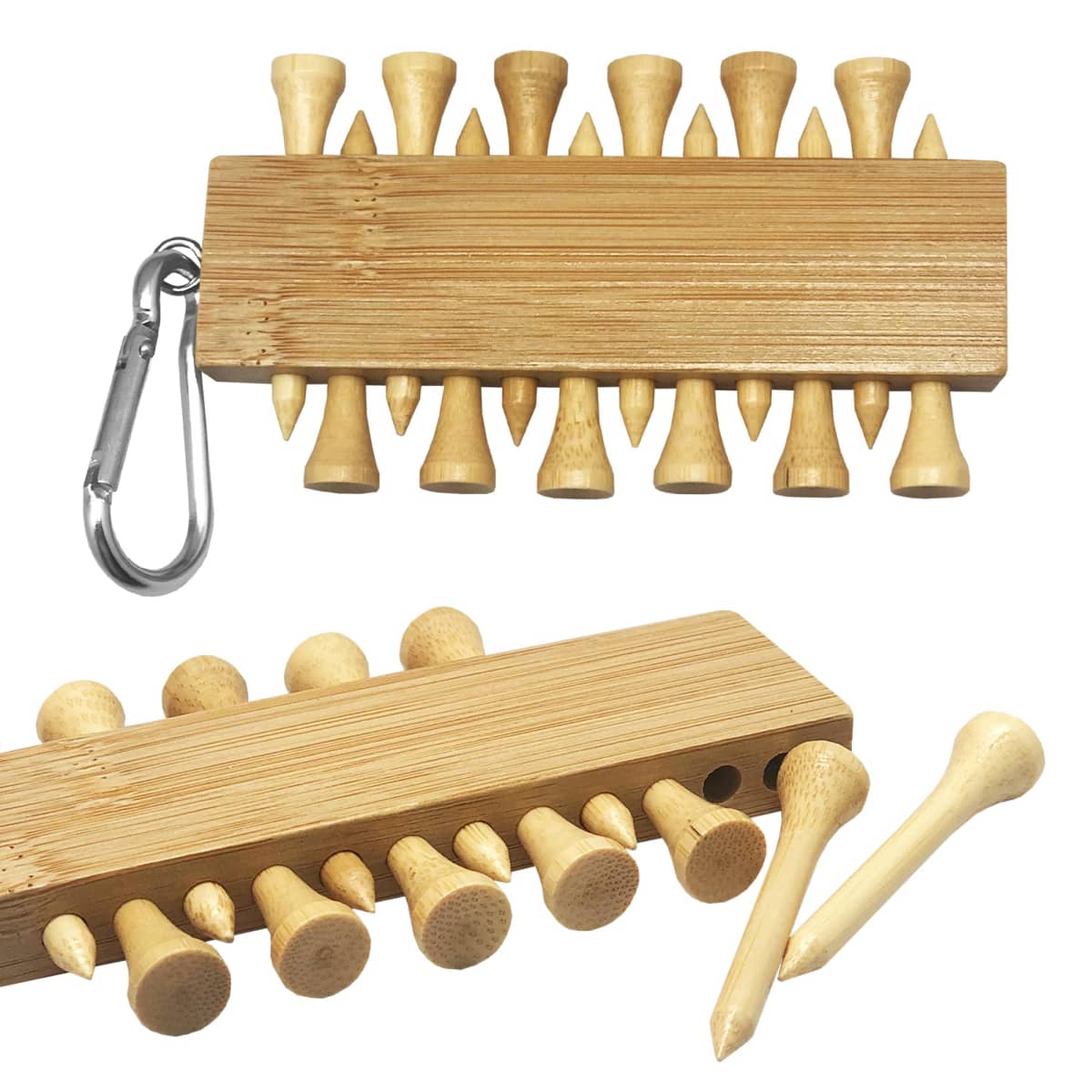 Wooden golf tee holder with multiple tees inserted, featuring a metal carabiner for attachment. The image shows two perspectives of the holder, emphasizing its compact design. Two golf tees are placed separately on the side.