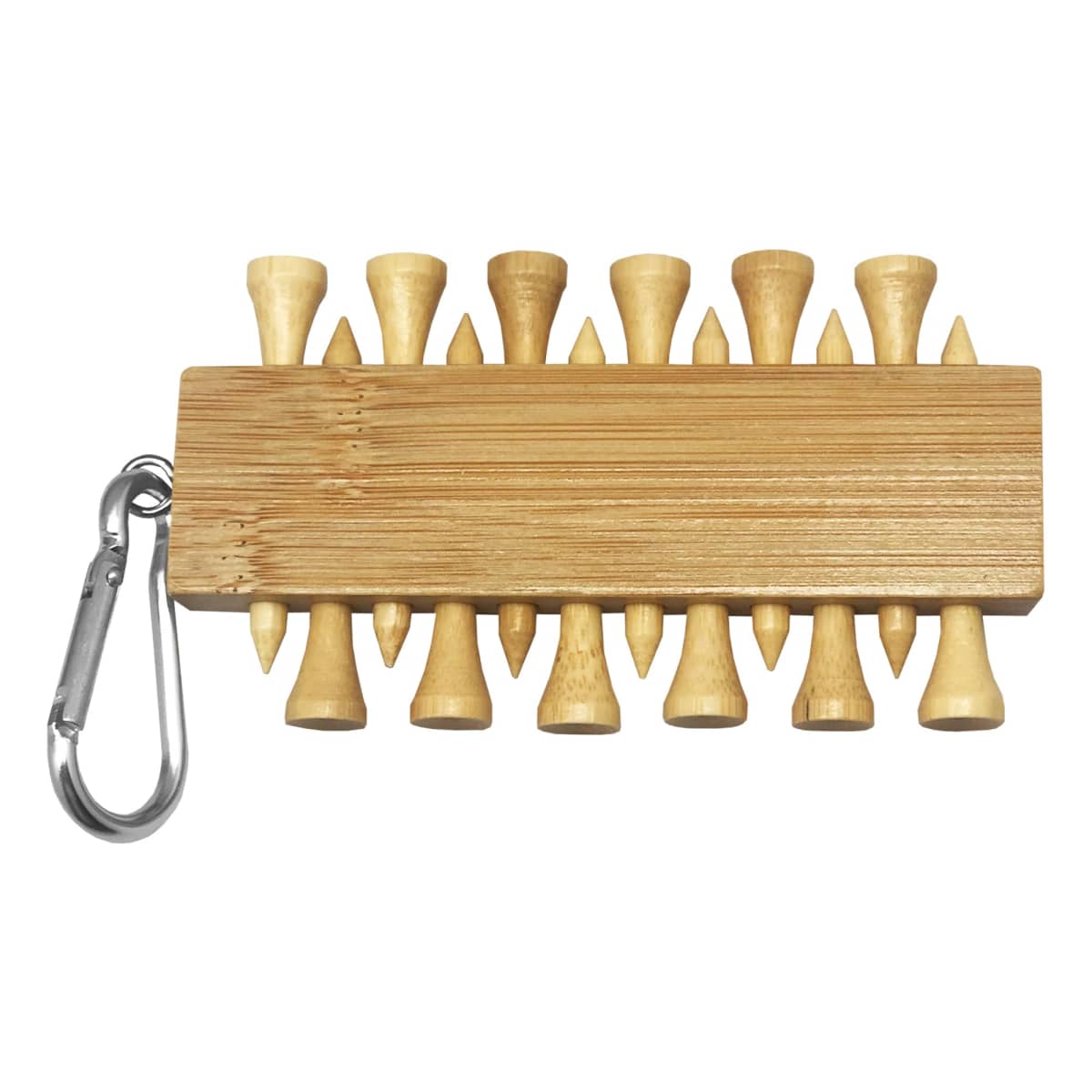 A wooden peg game with a rectangular board and 13 wooden pegs inserted. A metal carabiner is attached to one corner of the board.