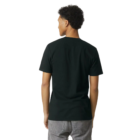 Person in a black Gildan Softstyle Tee and gray jeans, facing away.