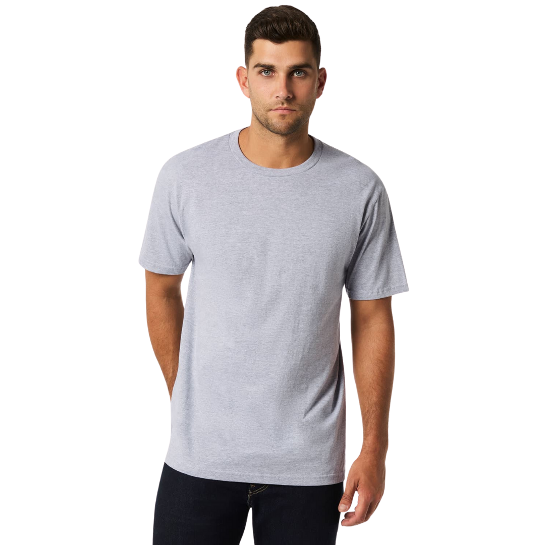Person in gray Gildan Softstyle Adult T-Shirt and black pants against a white background.