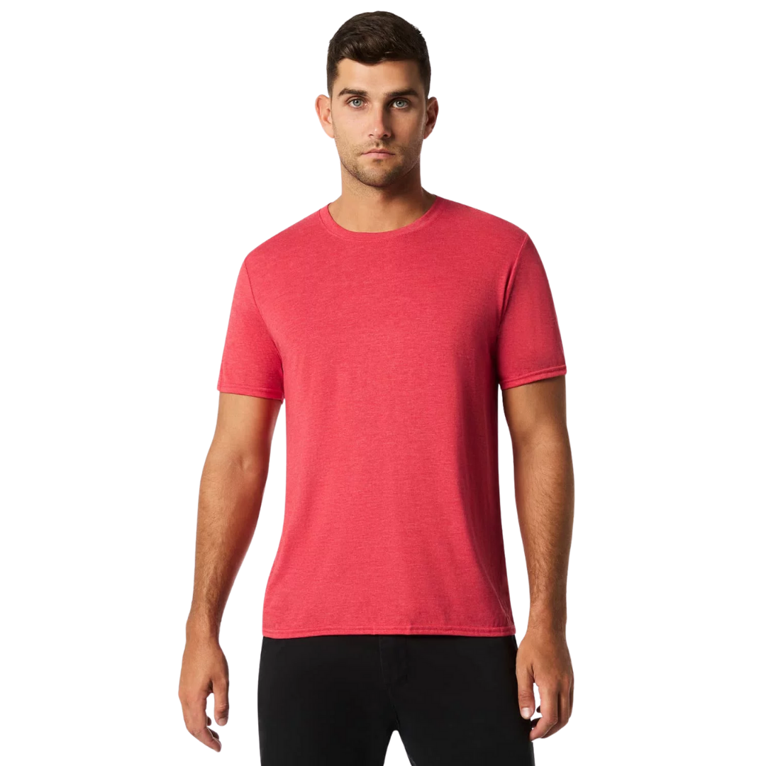 Man in a red Gildan Softstyle Tri-Blend T-shirt and black pants on white background.
