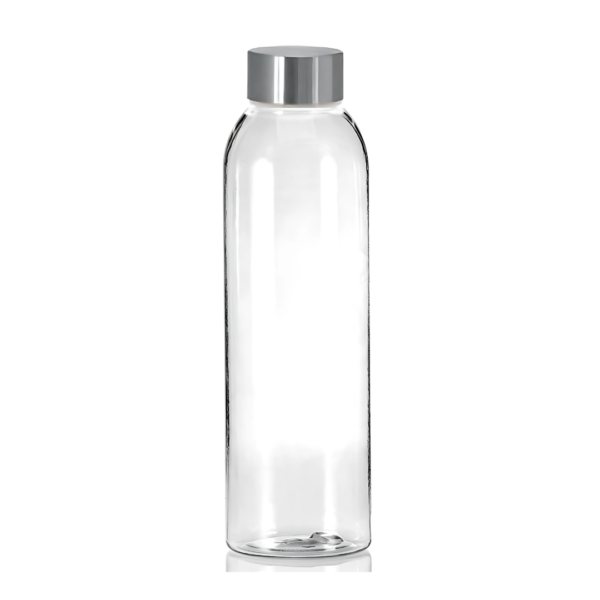 Glaive 500ml borosilicate glass bottle with silver cap, standing upright.