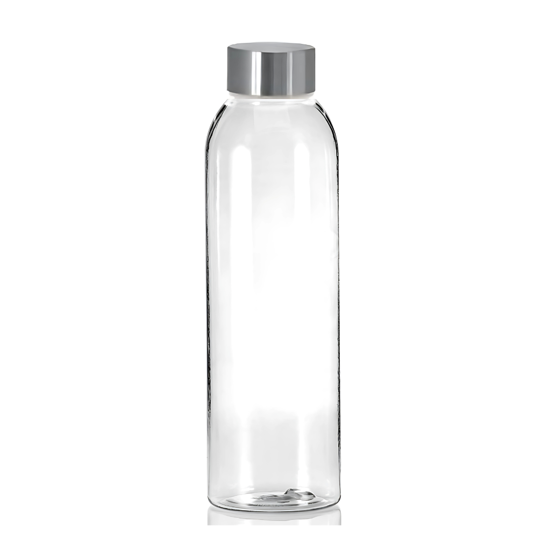 Glaive 500ml borosilicate glass bottle with silver cap, standing upright.