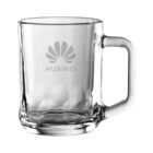 A clear glass mug with a handle, featuring the Huawei logo etched on the front. The mug has a smooth, cylindrical shape and is placed against a plain white background.