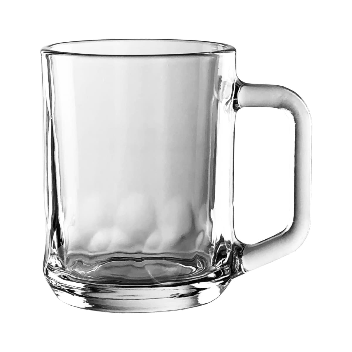 Clear glass mug with a sturdy handle, shown against a plain white background.