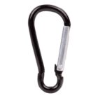 A black metal carabiner with a silver latch, used for securing items or climbing. It has a simple, streamlined design.