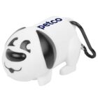 A white, dog-shaped bag dispenser with black ears and a smiling face features the Petco logo on its side. The dispenser has a black carabiner clip attached to its back.