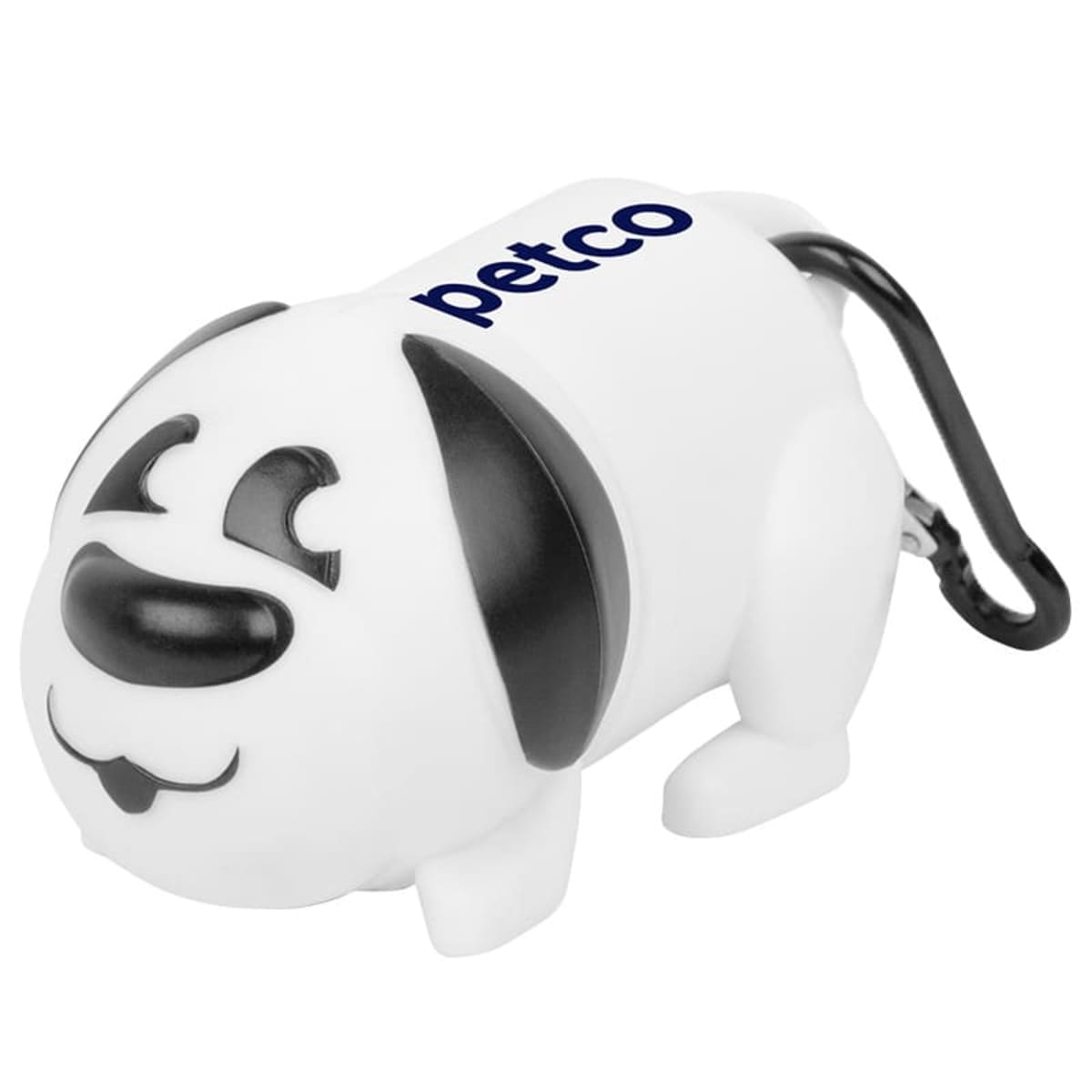 A small, white dog-shaped waste bag holder with black ears and a smiling face. The word petco is printed on its back. It has a black clip attached for easy carrying.