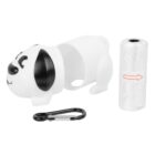 A white and black dog-shaped waste bag dispenser with a detachable head is displayed. Next to it are a roll of waste bags and a black carabiner clip.