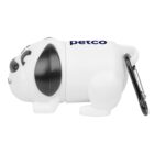 White and black dog-shaped waste bag dispenser with petco printed on its back. It features a smiling face and a metal carabiner attached to the tail for easy carrying.