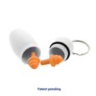 Orange earplugs in a Hotel Room Plastic Keychain case, opened to display contents.